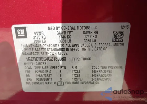 2016 Chevrolet Silverado 1500 1Lt from USA, damaged, VIN 1GCRCREC4GZ180983